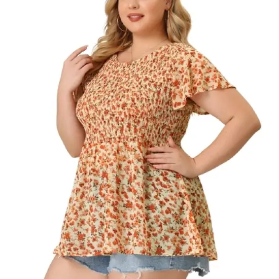 Agnes Orinda Women's Plus Size Chiffon Smock Waist Ditsy Floral Peplum Blouse image {6}