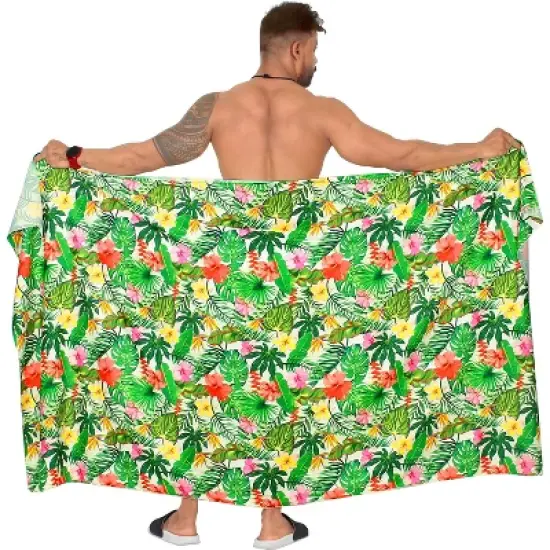 HAPPY BAY Men's Lava Lava Hawaiian Vacation Sarongs Summer Long Beach Cover Up Swimwear Holidays Pareo Beachwear for Men One Size White, Floral image {3}