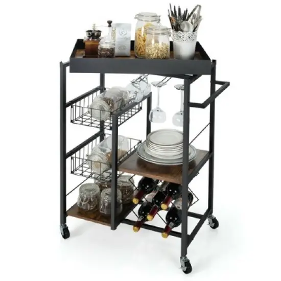 Costway 4-Tier Kitchen Carts  Rolling Serving Trolley Wine Rack Removable Tray Basket image {9}