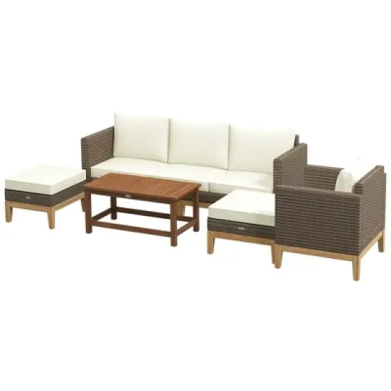 Outsunny Cushioned Patio Furniture Set, 5 PCs Wooden Frame PE Rattan Conversation Set, Cream White image {3}
