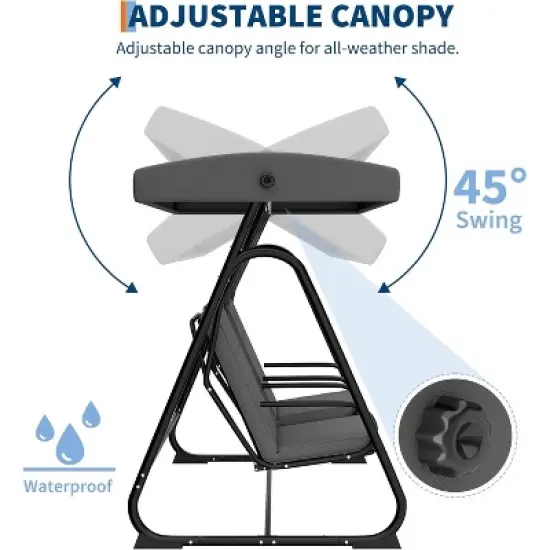 homfan 2-Person Patio Swing Chair with Adjustable Canopy - Heavy Duty Outdoor Swing Glider with Removable Cushions, Dark Grey image {3}