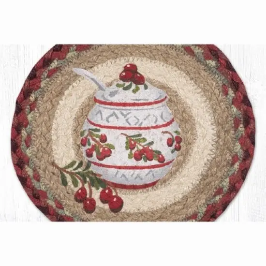Earth Rugs Jam Jar Cranberry Round Trivet &ndash; 10" Fruit Print on Braided Natural Jute Table Mat image {2}