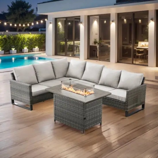Buenhomino 4 Pieces Outdoor Patio Furniture Set with 41&rdquo; Fire Pit Table, Rattan Patio Sectional Sofa Conversation Set with 50000BTU Propane Fire Pit image {13}