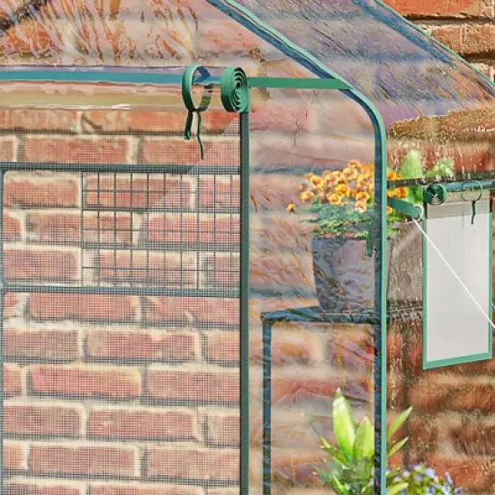 Outsunny 56" x 29" x 77" Walk-in Greenhouse Kit, Portable Green House with 3 Tier Shleves, Roll-Up Door, PE Cover for Backyard Garden image {5}