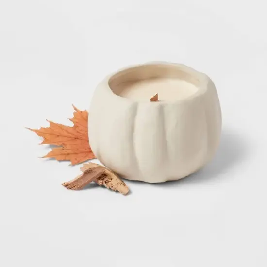 12oz Brushed Abstract Pumpkin Ceramic with Woodwick and Dustcover Dried Leaves + Hickory Candle - Threshold&trade; image {2}