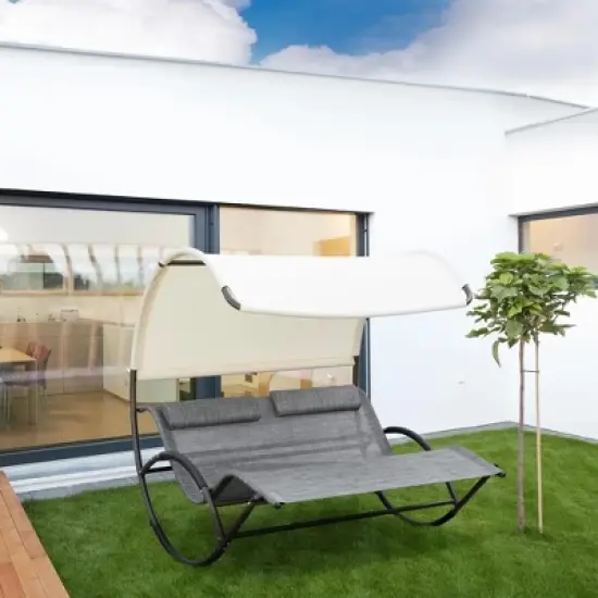 Resenkos Outdoor Double Chaise Rocking Chair, Day Bed Sun Lounger with Canopy Shade, Headrest Pillow, Armrests, Light Gray image {3}
