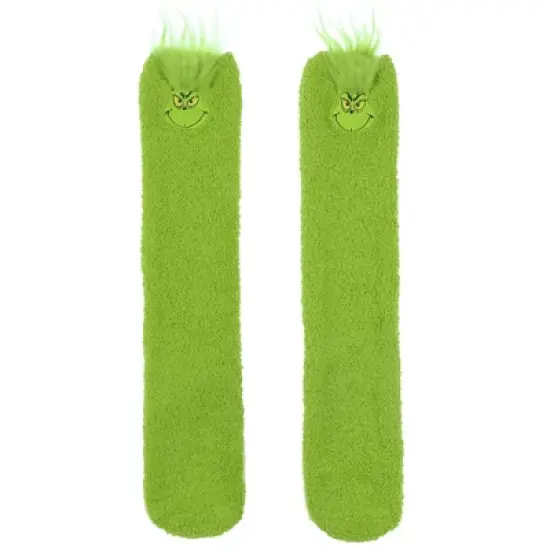 Dr. Seuss Women's The Grinch Always Naughty Cozy Fuzzy Anti-Slip Grip Knee-High Slipper Socks 1 Pair (OSFM) Green image {1}