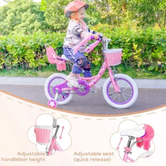 Hykolity 14-Inch Kids Bike for Girls Ages 3-5, Multi-Color, with Training Wheels, Doll Seat, Basket, Adjustable Saddle, Dual Brakes image {10}