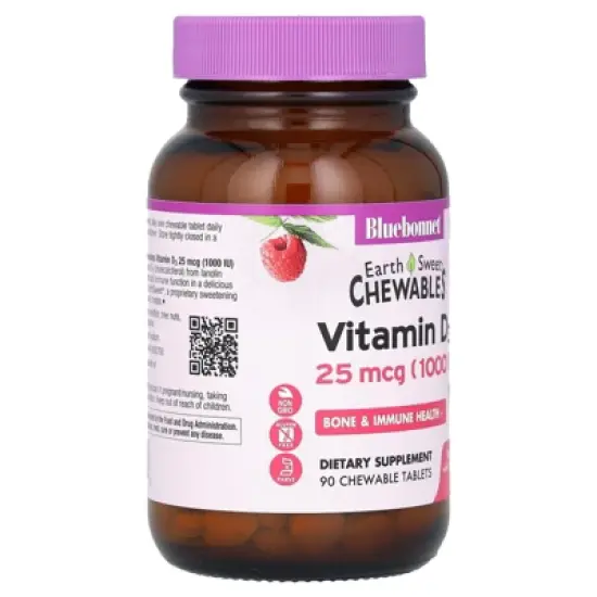 Bluebonnet Nutrition EarthSweet&reg; Chewables, Vitamin D3, Raspberry, 25 mcg (1,000 IU), 90 Chewable Tablets image {3}