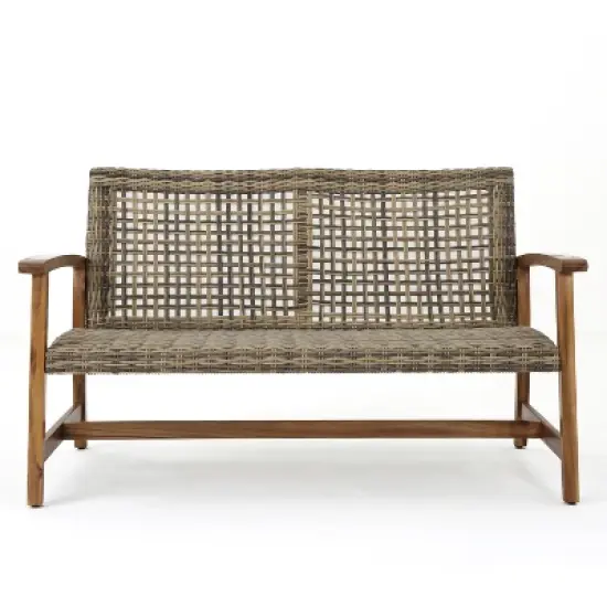 Christopher Knight Home Hampton Outdoor Acacia Wood and Wicker 6 Seater Chat Set with Fire Pit image {7}