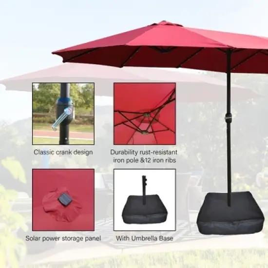 Gulches 15*9ft Large Double,Sided Rectangular Outdoor Twin Patio Market Umbrella with light and base,red image {5}