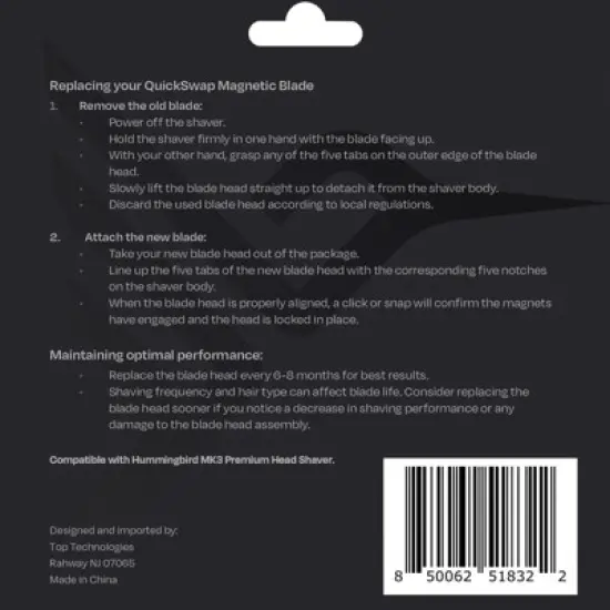 HUMMINGBIRD MK3 Stealth Edition QuickSwap Replacement Blade Head, Genuine Blade Head Refill, Magnetic 6-Blade Head, Hypoallergenic Stainless Steel image {2}
