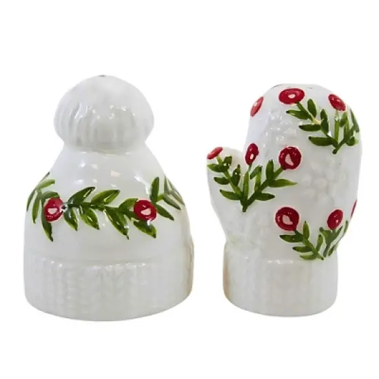 Tag 3.0 Inch Holiday Hat & Mitten S&P Set Christmas Salt And Pepper Shaker , Holly Berries Christmas (2PC) image {1}