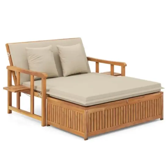 Costway Outdoor Wooden Daybed with 4-Level Backrest & Removable Cushions for Poolside image {9}