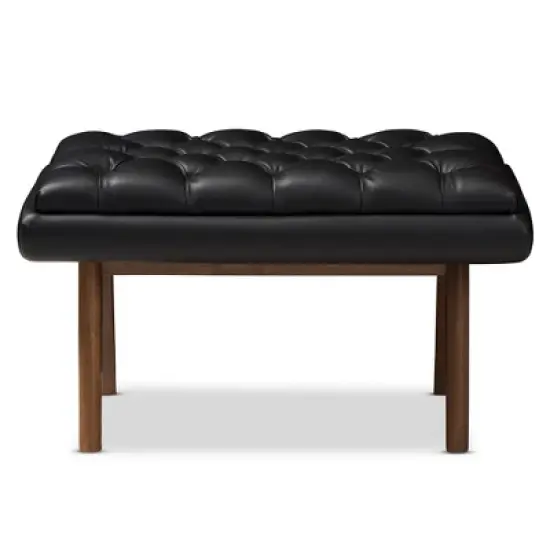 Baxton Studio Annetha Mid Century Modern Walnut Finished Wood Faux Leather Upholstered Ottoman Black image {1}