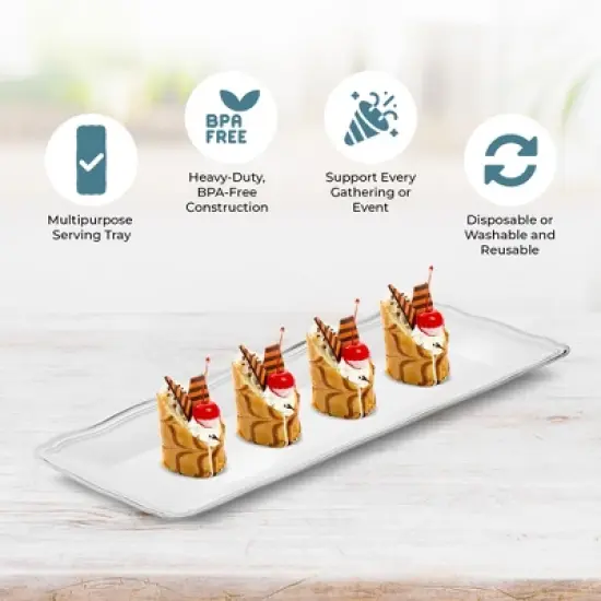 Posh Setting 13.75 X 6 Inch Rectangle White and Silver Rim Plastic Serving Tray - 6 Pack image {2}