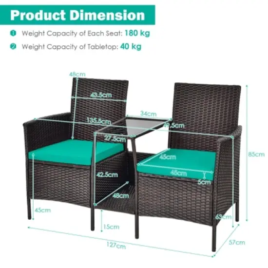 Tangkula Patio Loveseat 2 Person Cushioned Seats With Center Table Outdoor Rattan Furniture Set Turquoise/ Red image {6}
