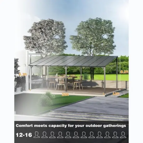 12x20 FT Lean to Gazebo, Hardtop Wall Mounted with Polycarbonate Roof, Heavy Duty  Aluminum Frame Patio Awnings for Deck, Porch, Backyard, Garden image {6}