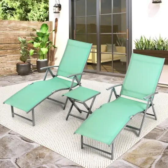 3pc Outdoor Aluminum Folding Adjustable Chaise Lounge Chair and Table Set Green - Crestlive Products image {1}
