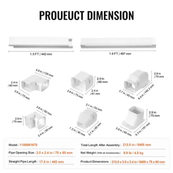 VEVOR Mini Split Line Set Cover 3-inch W 17.7Ft L, PVC Decorative Pipe Line Cover For Air Conditioner with 10 Straight Ducts, White image {7}