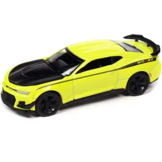 2019 Chevrolet Camaro Nickey ZL1 1LE Shock Yellow w/Matt Black Hood & Stripes 14670 pcs 1/64 Diecast Model Car by Auto World image {1}