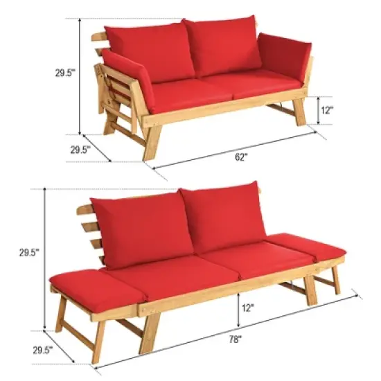 Tangkula Adjustable Patio Sofa Daybed Acacia Wood Furniture w/ Red Cushions image {8}