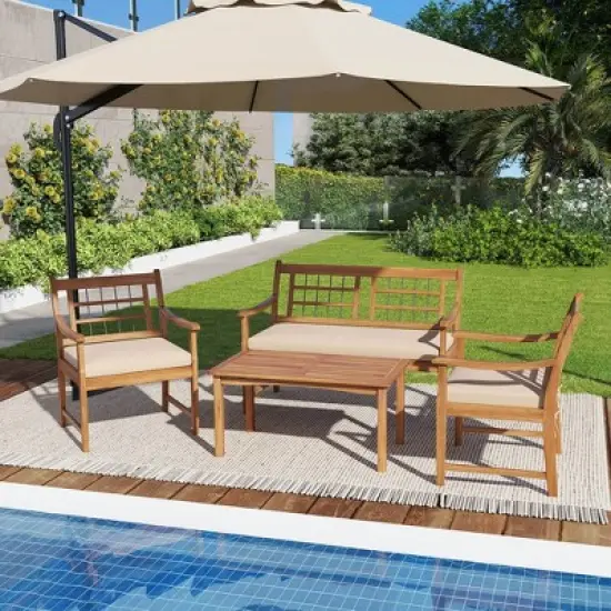 Costway 4 PCS Wood Patio Furniture Set with Soft Seat Cushions Solid Acacia Wood Frame Off White/Gray image {11}