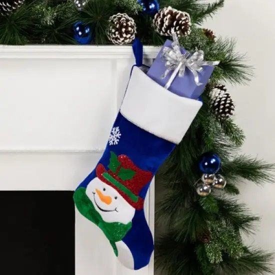 Northlight 20" Royal Blue Embroidered Velveteen Snowman Christmas Stocking with White Cuff image {1}
