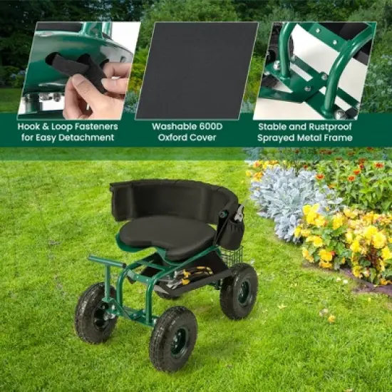 Costway Rolling Garden Cart Outdoor Gardening Workseat with Adjustable Height &Tool Storage image {8}
