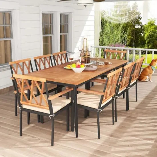 Costway 9 PCS Patio Dining Set Table with 1.9" Umbrella Hole & 8 Dining Chairs Outdoor image {2}