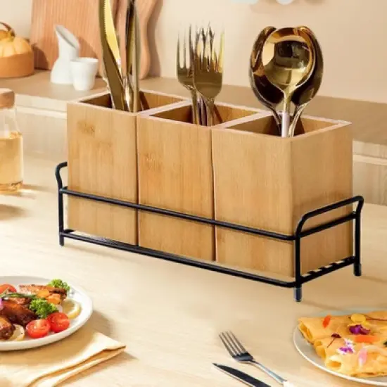 Bamboo Utensil Holder, Wood Cutlery Holder Silverware Caddy with 3 Detachable Compartments & Handles, Flatware Caddy Fork Spoon Knife Organizer image {6}