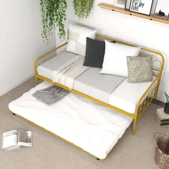 Costway Twin Size Metal Daybed with Trundle Space-Saving Sofa Bed Lockable Wheels Gold image {2}