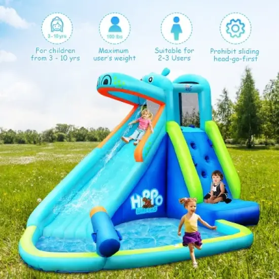Costway Inflatable Kids Hippo Bounce House Slide Climbing Wall Splash Pool w/740W Blower image {4}