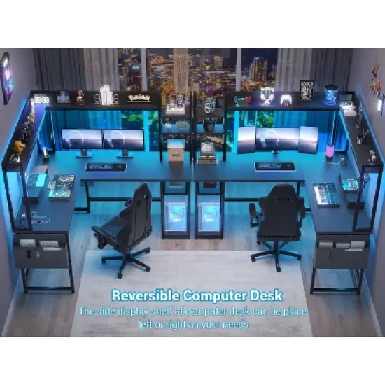 Aheaplus Reversible L-Shaped Computer Desk with Storage Shelf, Home Office Desk with Charging Station, Led Light image {6}