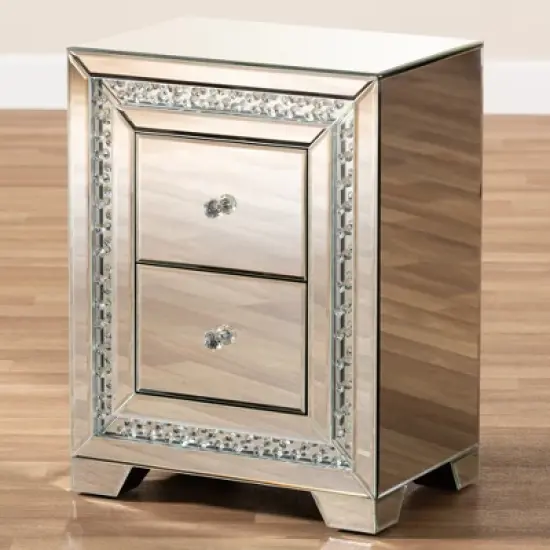 Mina Mirrored 2 Drawer Nightstand Bedside Table Silver - BaxtonStudio image {3}