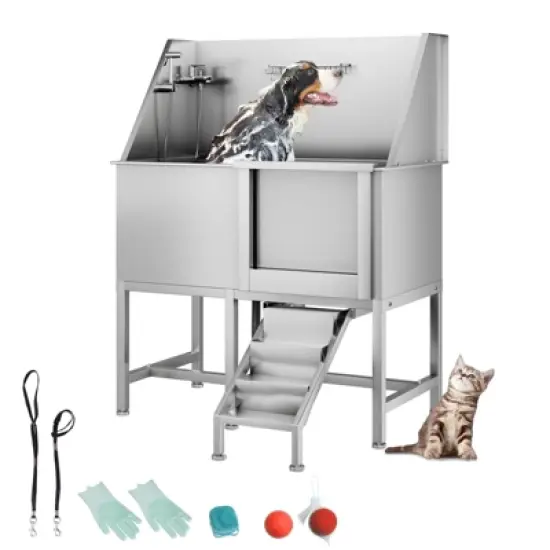 Pet Bath Tub - 50'' Professional Stainless Steel with Retractable Stairs, Faucet/Showerhead, Washing Gloves, for Large/Medium/Small Pets image {8}