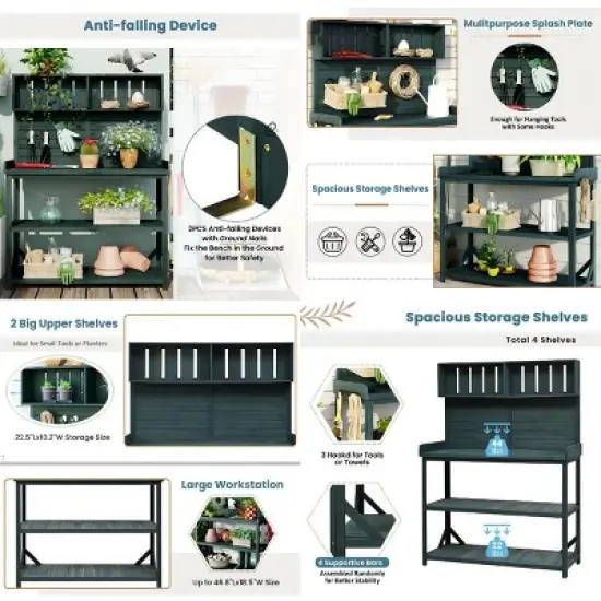 65" Wood Outdoor Potting Bench, 3-Tier Garden Shed Storage Shelves, Flower Display Rack Plant Stand Workstation-The Pop Home image {7}