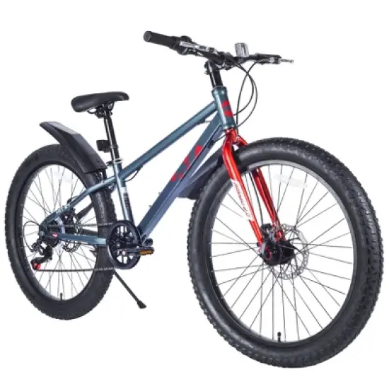 24 Inch Bike, Fat Tire Mountain Bike for Boys and Girls Ages 10+, Double Disc Brakes, 7 Speed, Kids Beach and Snow Bike image {7}