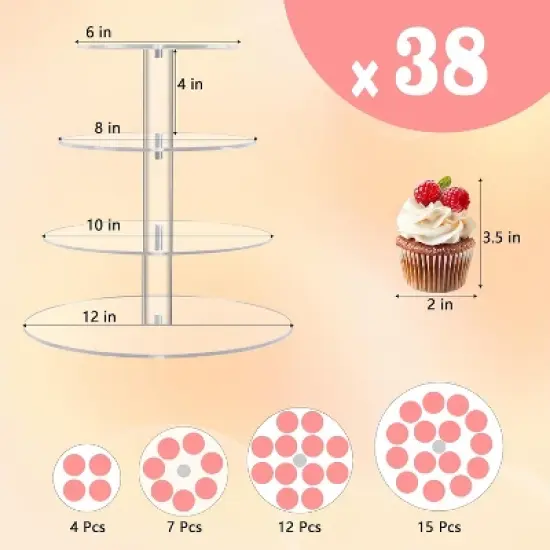 Hachikiko 4-Tier Round Cupcake Stand with Base, Premium Acrylic Dessert Display Tower for Parties & Events (4" Layer Spacing) image {2}