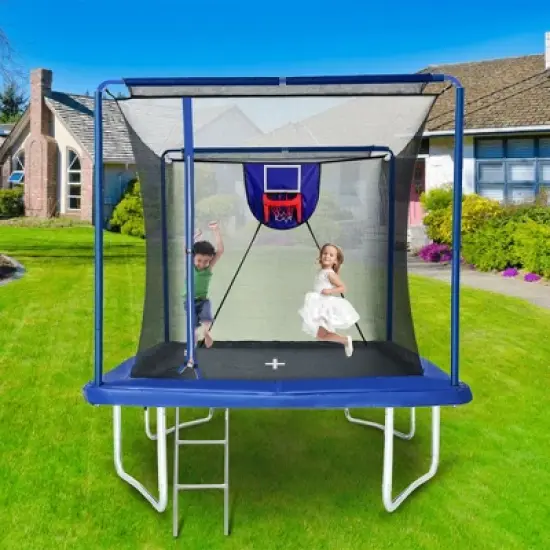 Okak 8*12FT Rectangle Trampoline, Outdoor Trampoline with Basketball Board, Inflater and Ladder, Rebounder for Garden, Patio, Blue image {1}