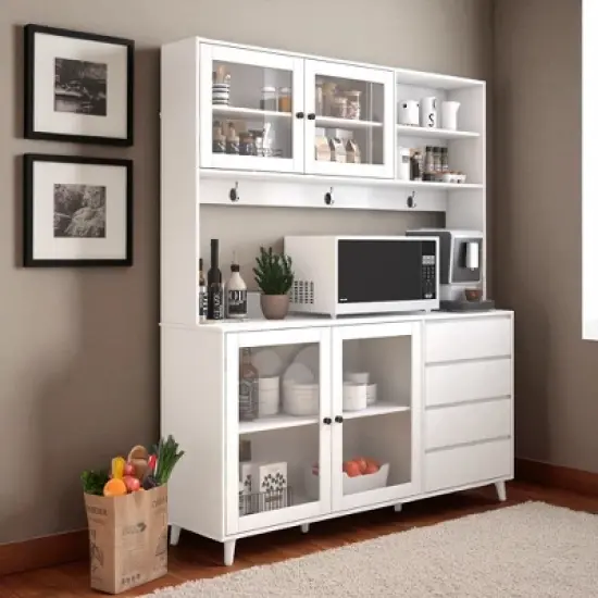 63" Large Kitchen Hutch Pantry Cabinet with 4 Doors, 4 Drawers & Microwave Shelf, Freestanding Storage Buffet Cupboard for Dining Room image {8}