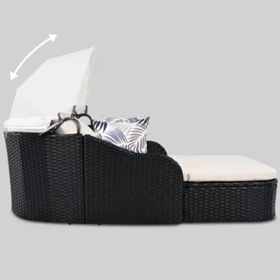 Outdoor Sunbed, Patio PE Rattan Daybed, Upholstered Chaise Lounger with Adjustable Canopy - ModernLuxe image {8}