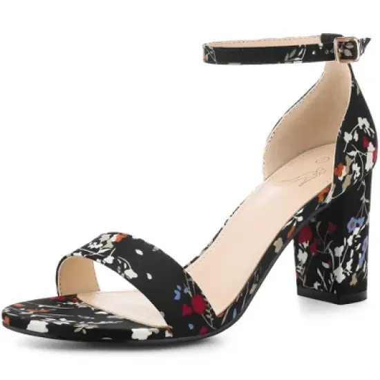 Perphy Women's Floral Open Toe Ankle Strap Chunky Heels Sandals image {7}