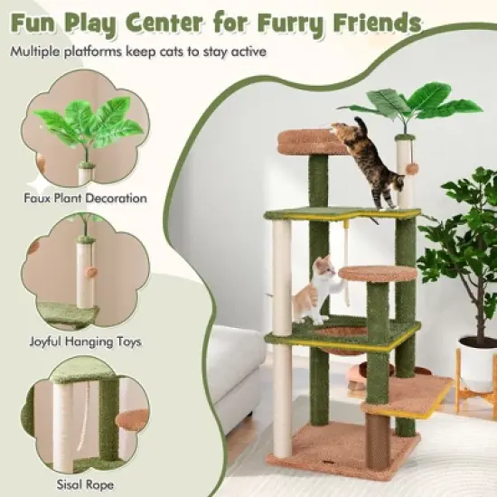 Tangkula 60" Cat Tree for Indoor Cats Cute Cat Tower w/ Sisal Scratching Posts & Rope image {3}