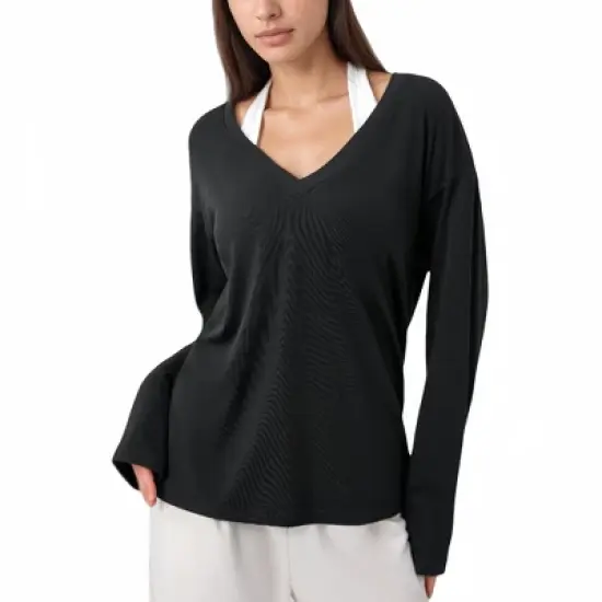 Anna-Kaci Active Women's Long Sleeve V-Neck Pullover Top with Relaxed Fit and Drop Shoulder Design image {5}
