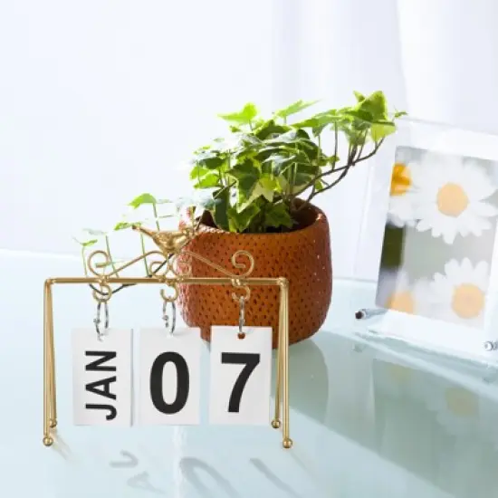 Unique Bargains Desktop Decoration Turn Page Flip Vintage Wood Perpetual Calendar Golden image {3}