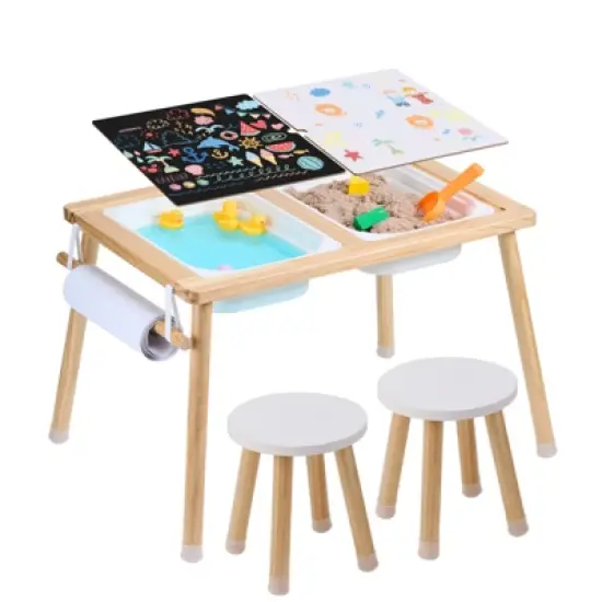 VEVOR Sensory Table and Chairs Set, Toddlers Activity Table with 2 Stools, 2 Storage Bins & Paper Roll Holder, Wooden Kids Sensory Table image {8}