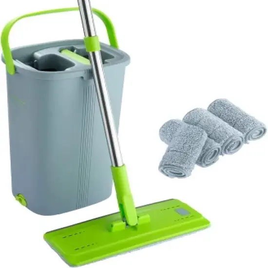EasyGleam Mop and Bucket Set, Microfibre Flat Mop with Stainless Steel handle, 2 Reusable Pads Supplied, Blue image {1}