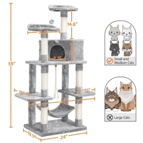 Yaheetech 59"H 4-Level Plush Cat Tree with Condos - Light Gray image {2}