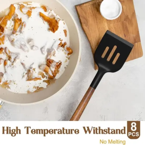 BRINJOY 8-Piece Silicone Spatula Set - Natural Acacia Wood Handle Kitchen Utensils image {4}